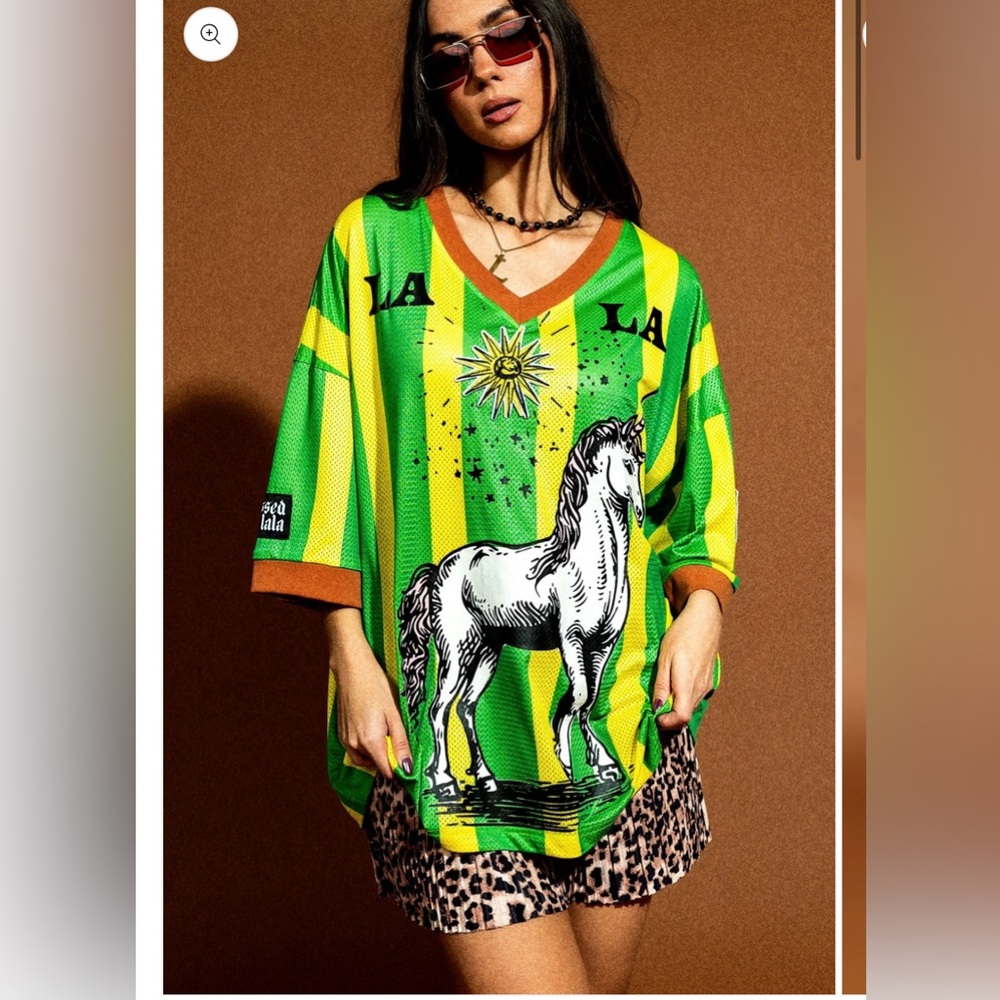 Dressed in LALA Green & Yellow Striped Horse Graphic Jersey